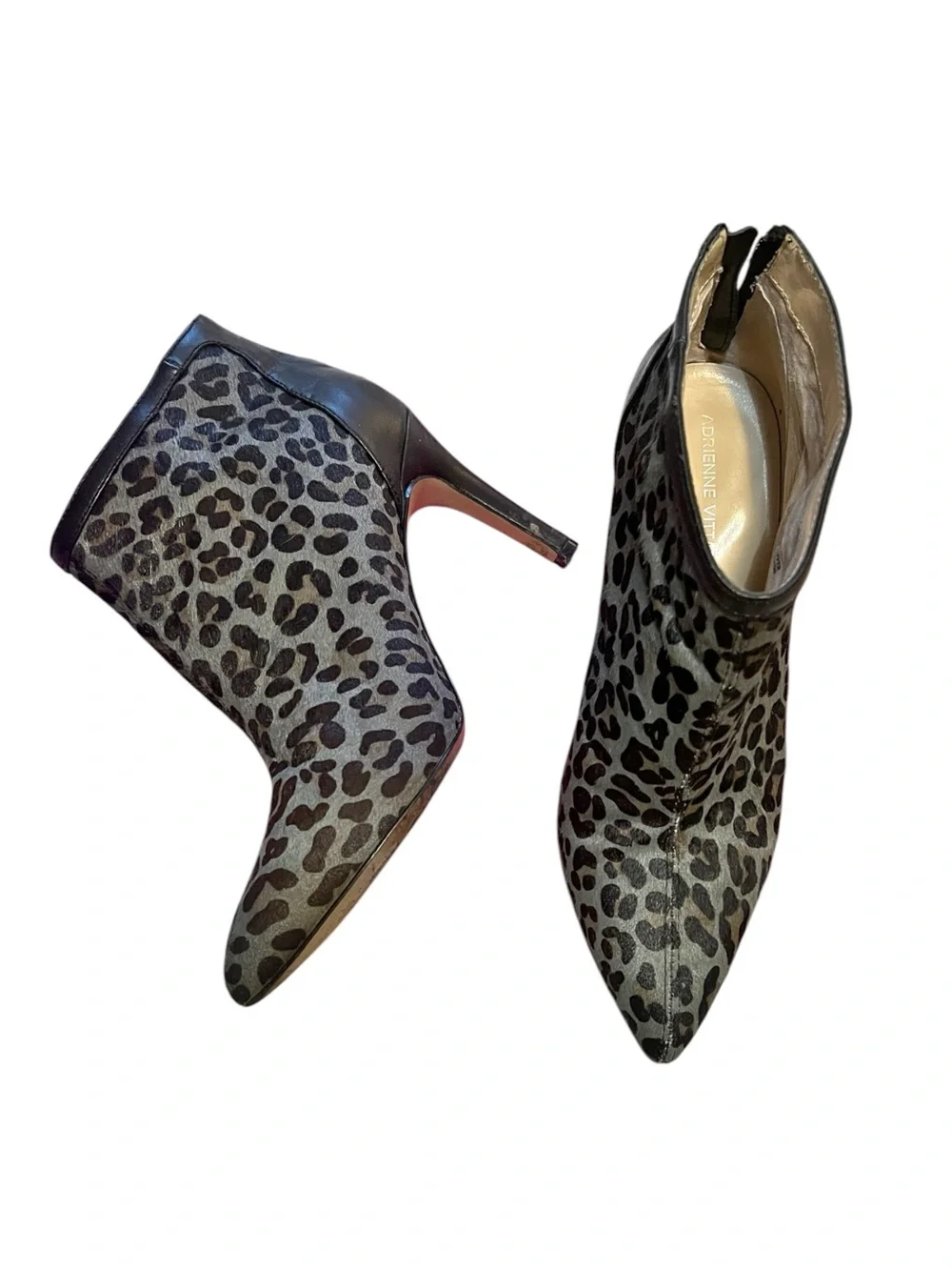 Adrienne Vittadini Leopard Print Pointed Toe Ankle Booties in Black and Gray